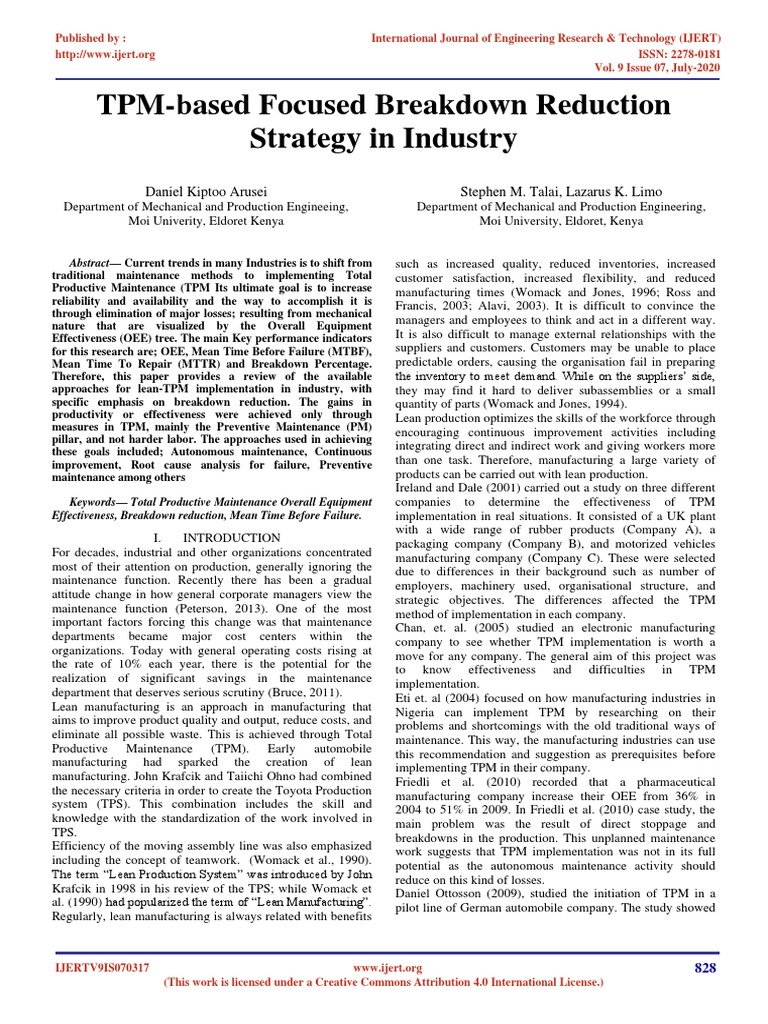 TPM-Based Focused Breakdown Reduction Strategy in Industry: A Review of ...