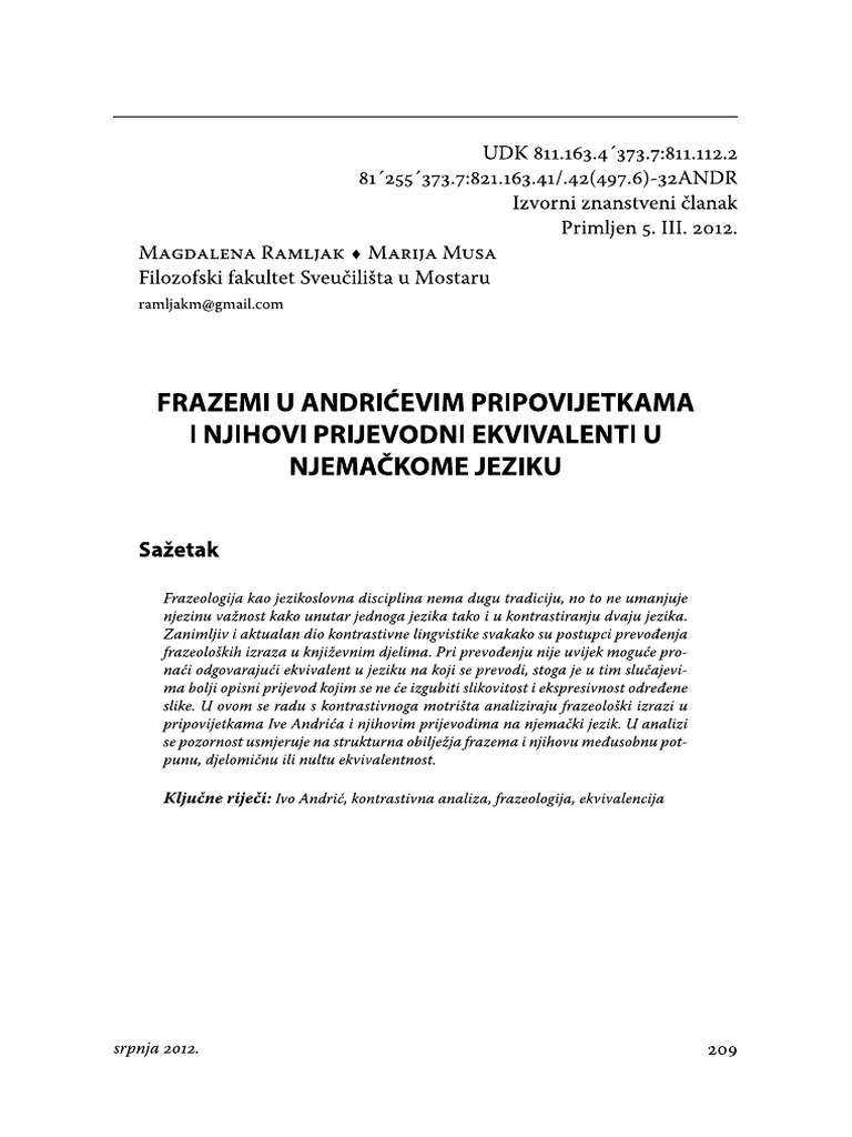 Prevodi Andricevih Idioma Na Nemacki
