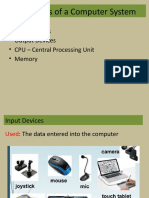 Components of A Computer System: - Input Devices - Output Devices - CPU - Central Processing Unit - Memory