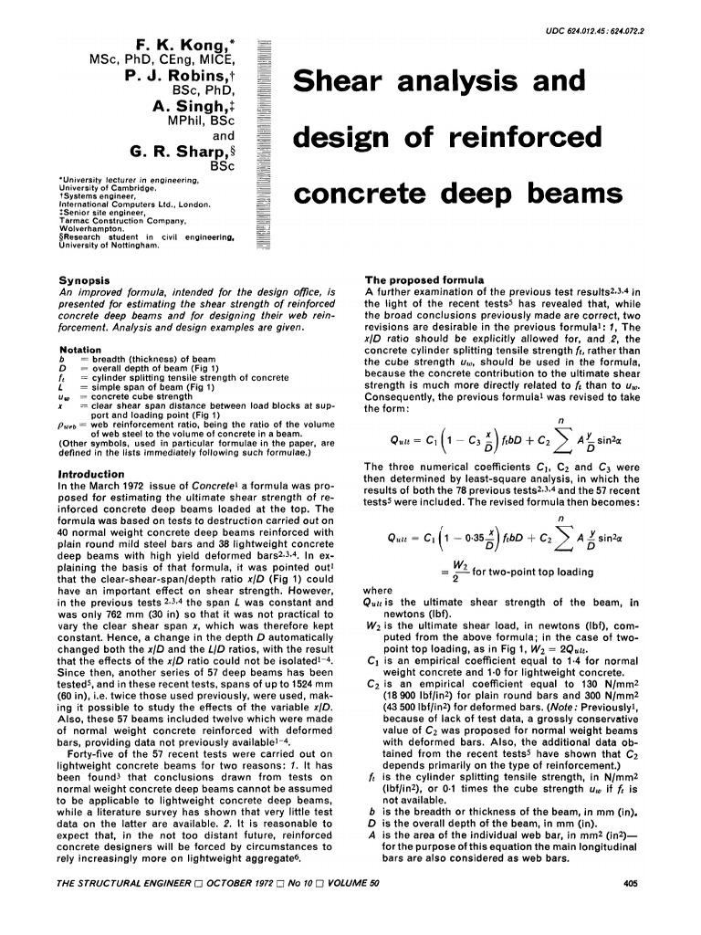 Shear Analysis and Design of Reinforced Concrete Deep Beams by Kong ...