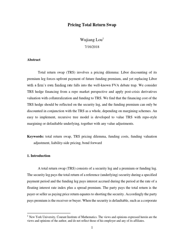 Pricing Total Return Swap: Wujiang Lou | PDF | Swap (Finance) | Repurchase  Agreement