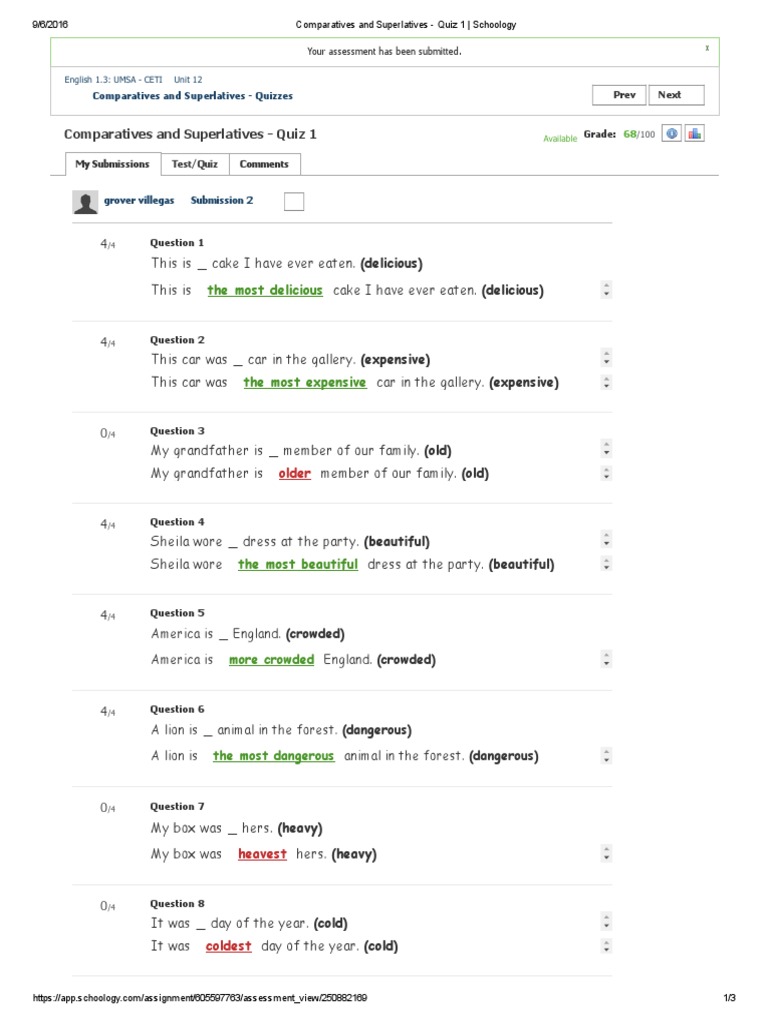 Comparatives and Superlatives - Quiz 1 - Schoology2 | PDF | Quiz Games ...