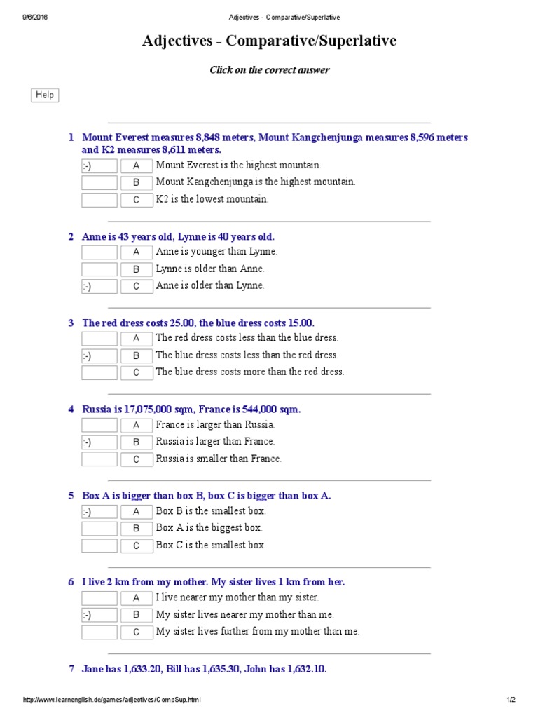 Comparative and Superlative Adjectives Quiz | PDF | Grammar ...