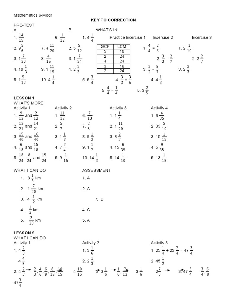 Answer Key Math 6 Mod1Q1W1 | PDF | Elementary Mathematics | Algebra