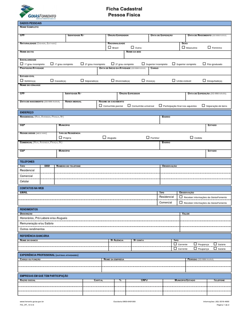 1 Ficha Cadastral De Pessoa Fisica Pdf Promotor Governo