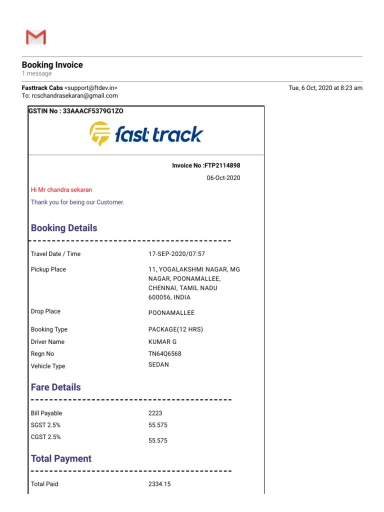 FastTrack Taxi Invoice - Chennai | PDF