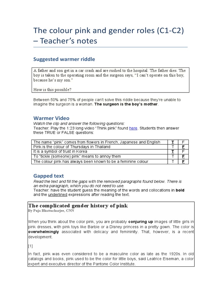 Gender Roles C1 C2 - Teachers Notes | Pdf | Gender Role | Clothing