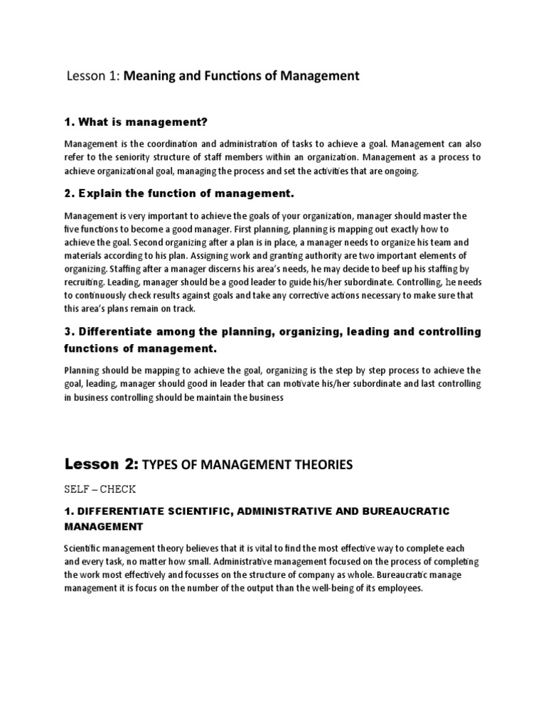 Lesson 1 Meaning and Functions of Management PDF Goal Leadership