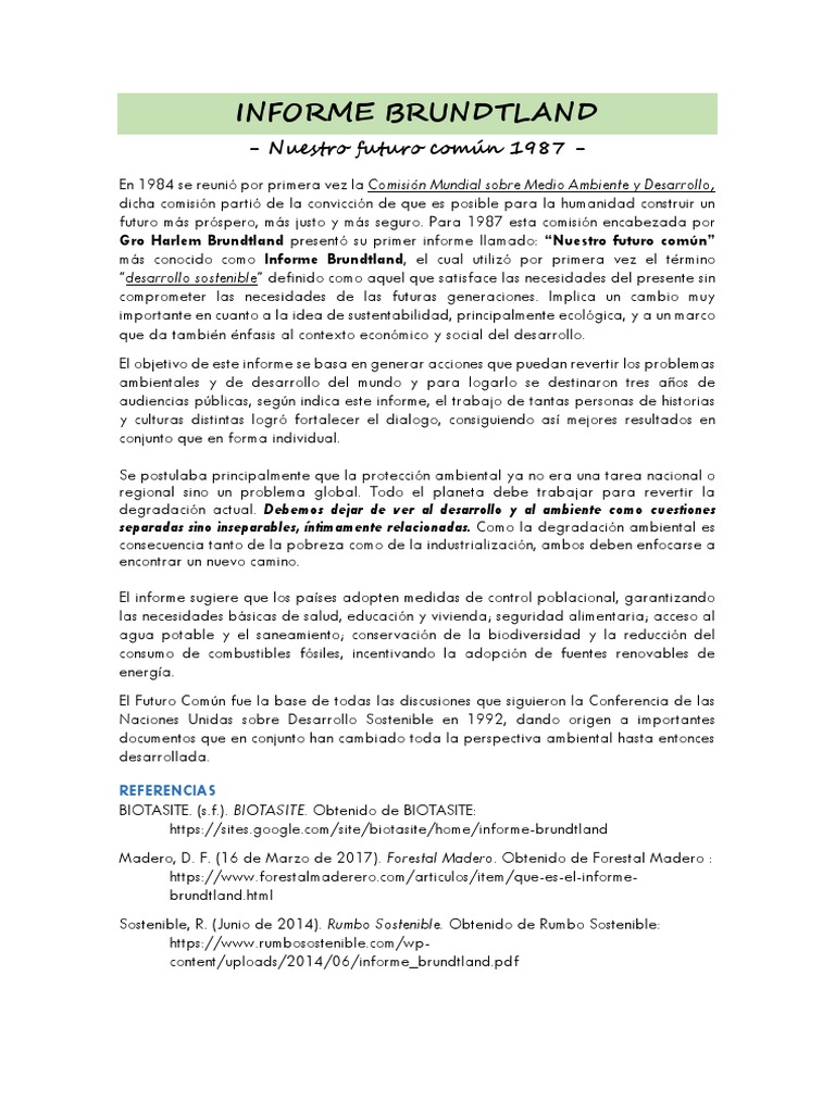 Resumen de Informe Brundtland | PDF | Sustentabilidad | Desarrollo ...