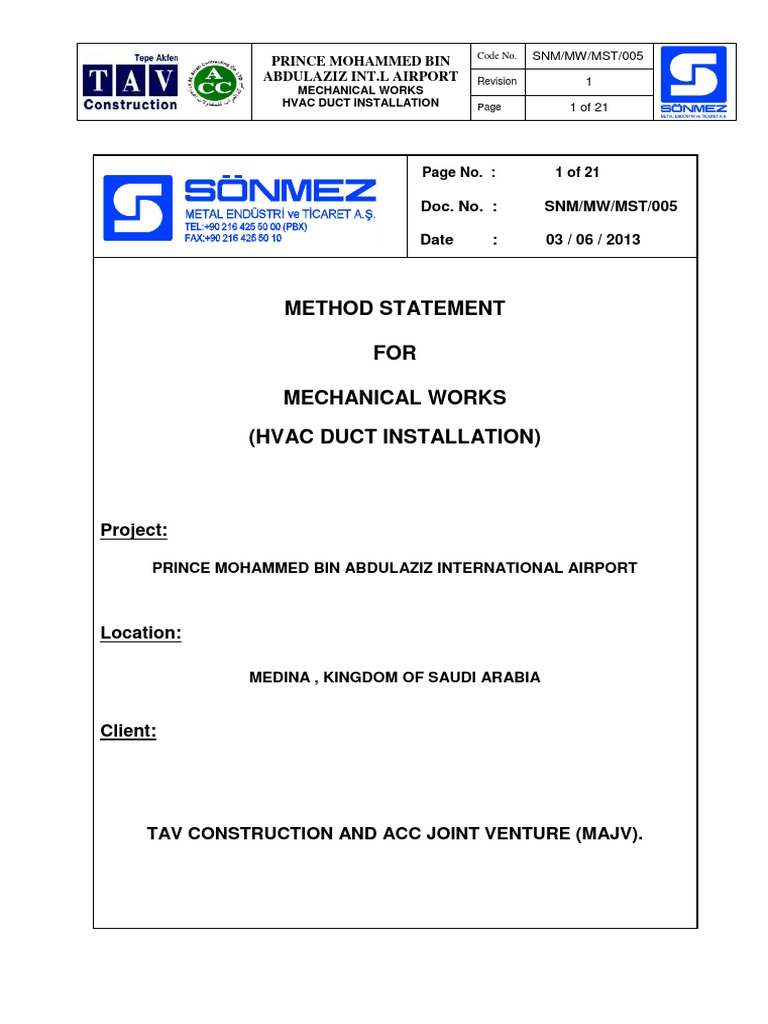 HVAC Duct Installation Method Statement | PDF | Duct (Flow) | Sheet Metal