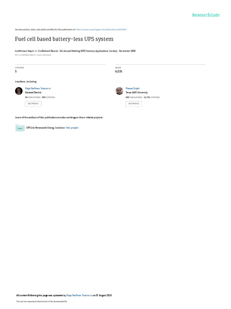 Fuel Cell Based BatteryLess UPS System PDF PDF Fuel Cell Hydrogen