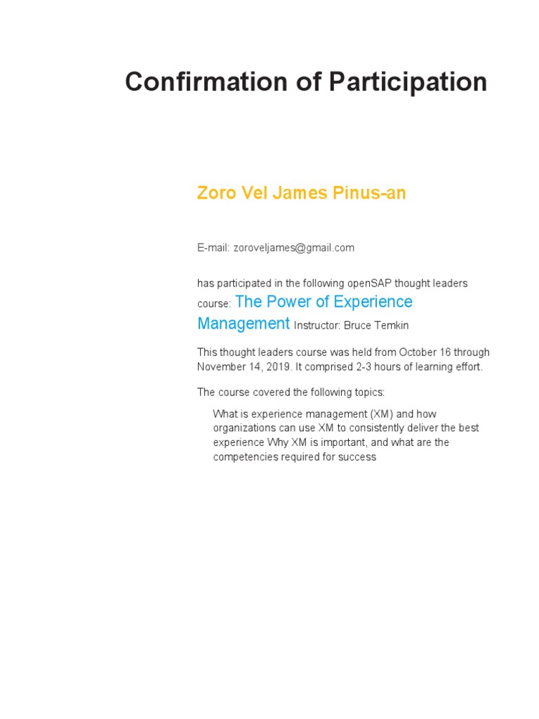 Confirmation of Participation: Zoro Vel James Pinus-An | PDF | Career ...