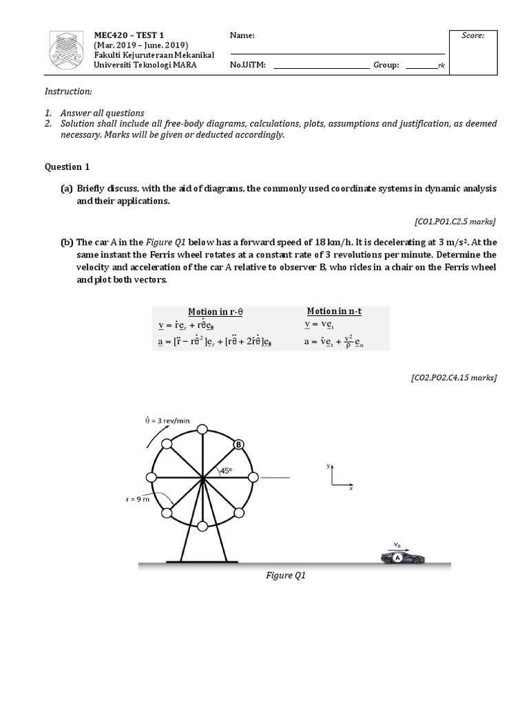 MEC420 Test 01 19S1RK Edition | PDF | Acceleration | Temporal Rates
