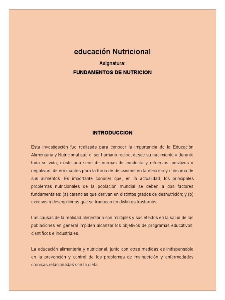 Importancia de la Educación Nutricional | PDF | Nutrición | Dieta y ...