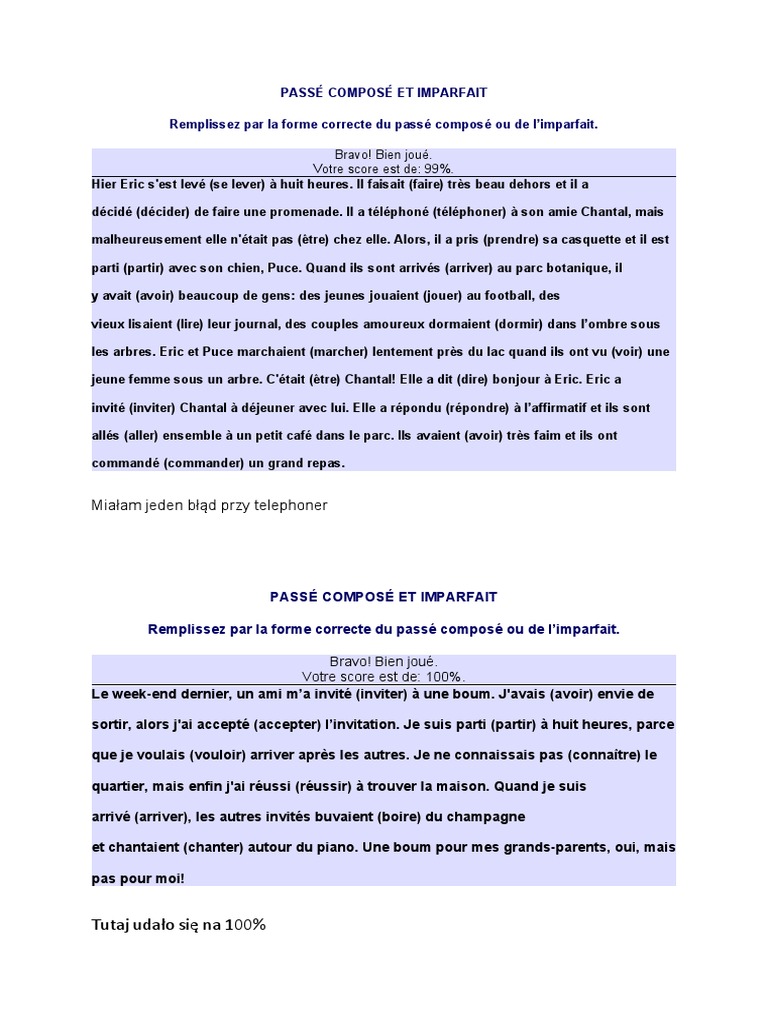 Passé Composé et Imparfait : Exercices | PDF