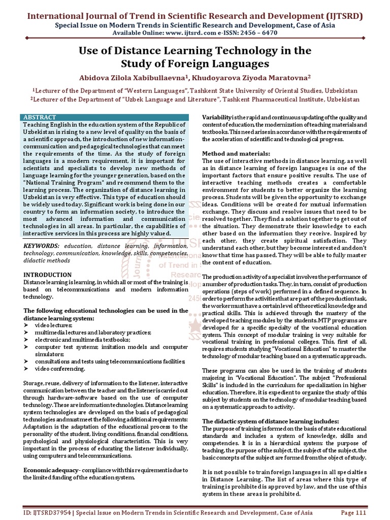 Use of Distance Learning Technology in The Study of Foreign Languages ...