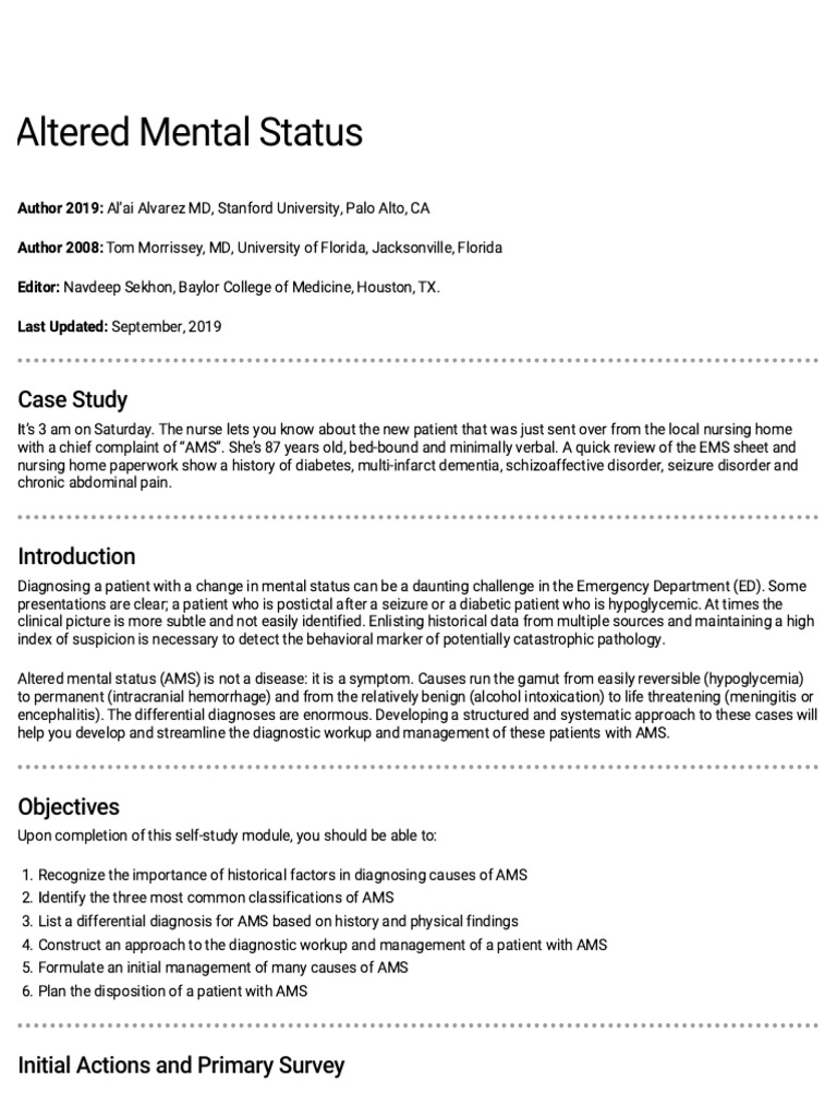 Approach To Altered Mental Status Pdf Dementia Psychosis