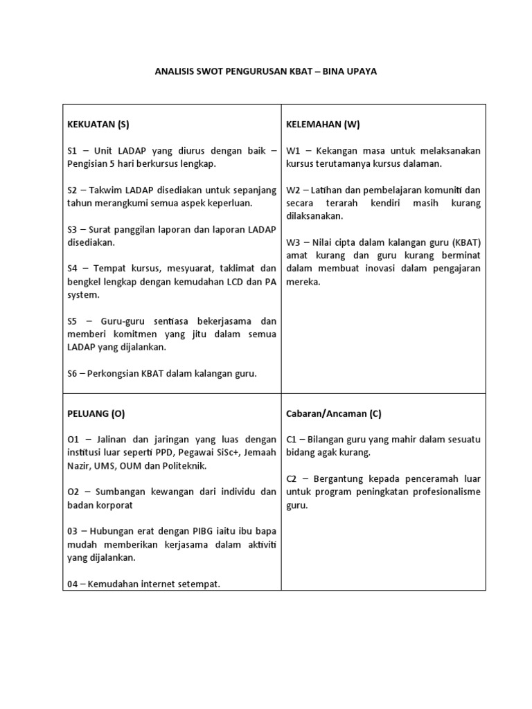 Analisis Swot Bina Upaya Pdf