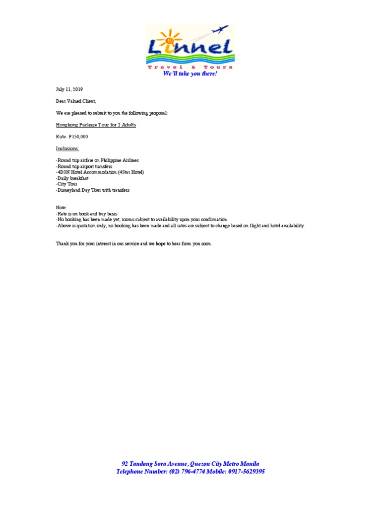 Hongkong Tour Package Proposal for 2 | PDF