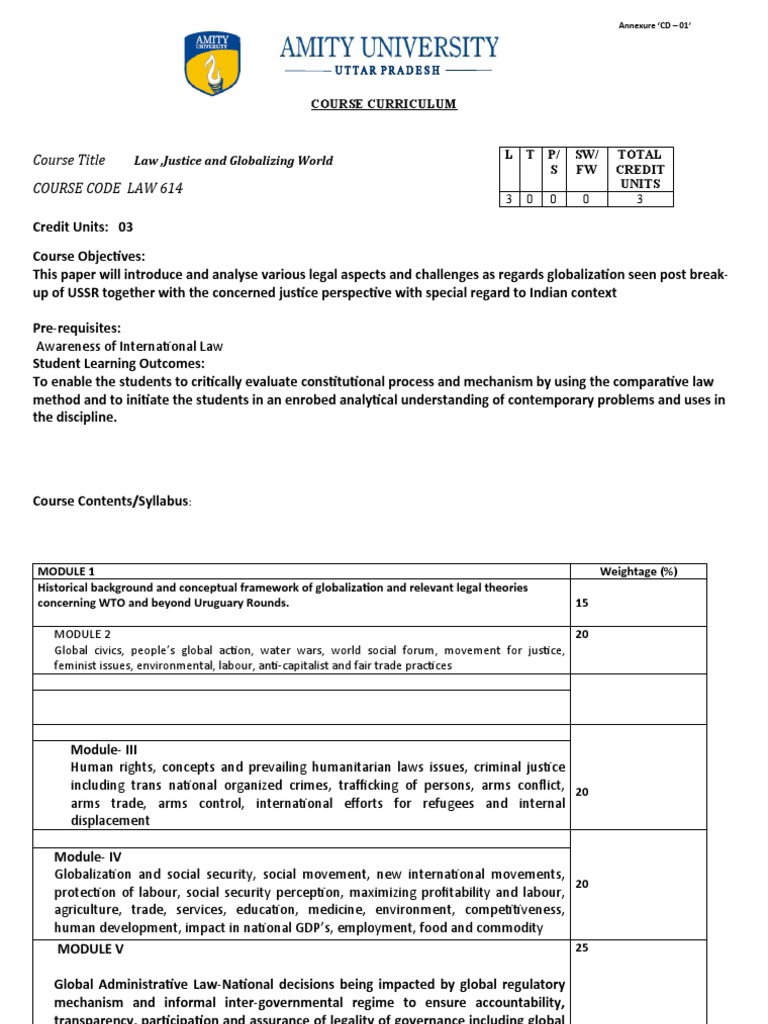 Course Title Course Code Law 614: Law, Justice and Globalizing World ...