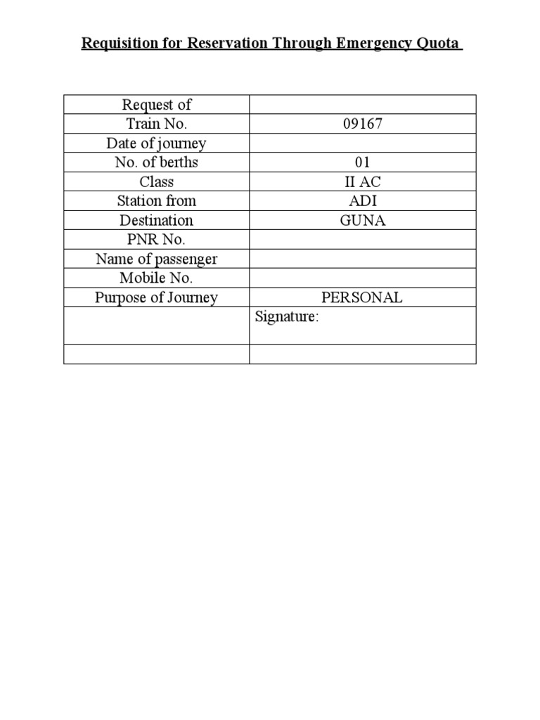 Emergency Quota Reservation Request | PDF