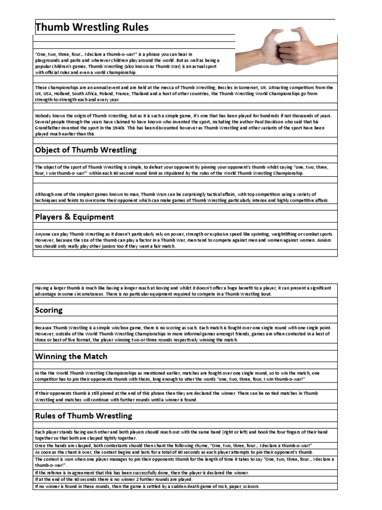 Thumb Wrestling Rules PDF Leisure Sports