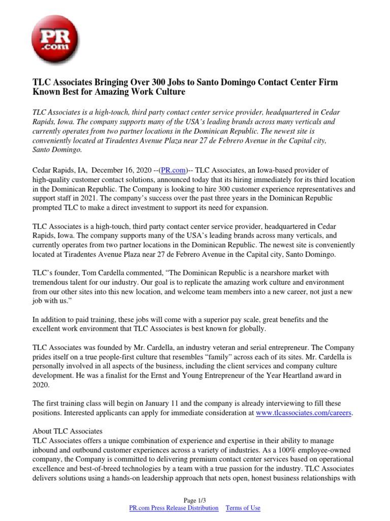 TLC Associates Bringing Over 300 Jobs To Santo Domingo Contact Center