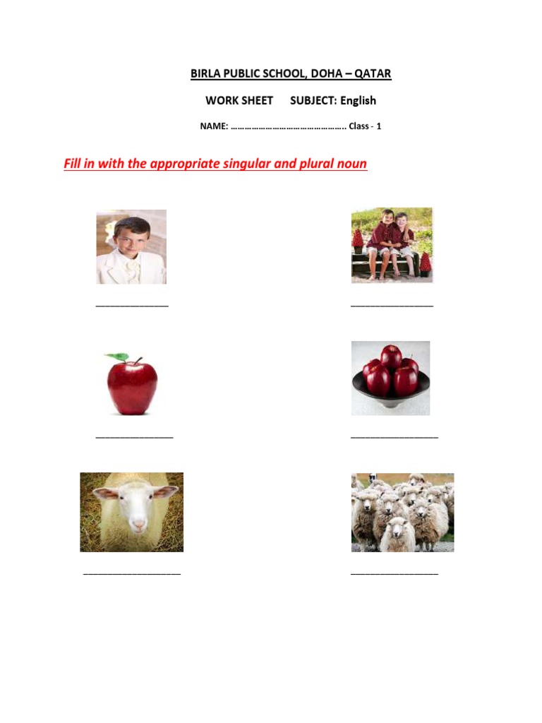 Fill in With The Appropriate Singular and Plural Noun Birla Public