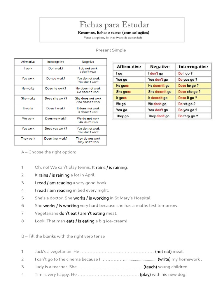 Ficha Ingles 8 Ano Present Simple PDF | PDF