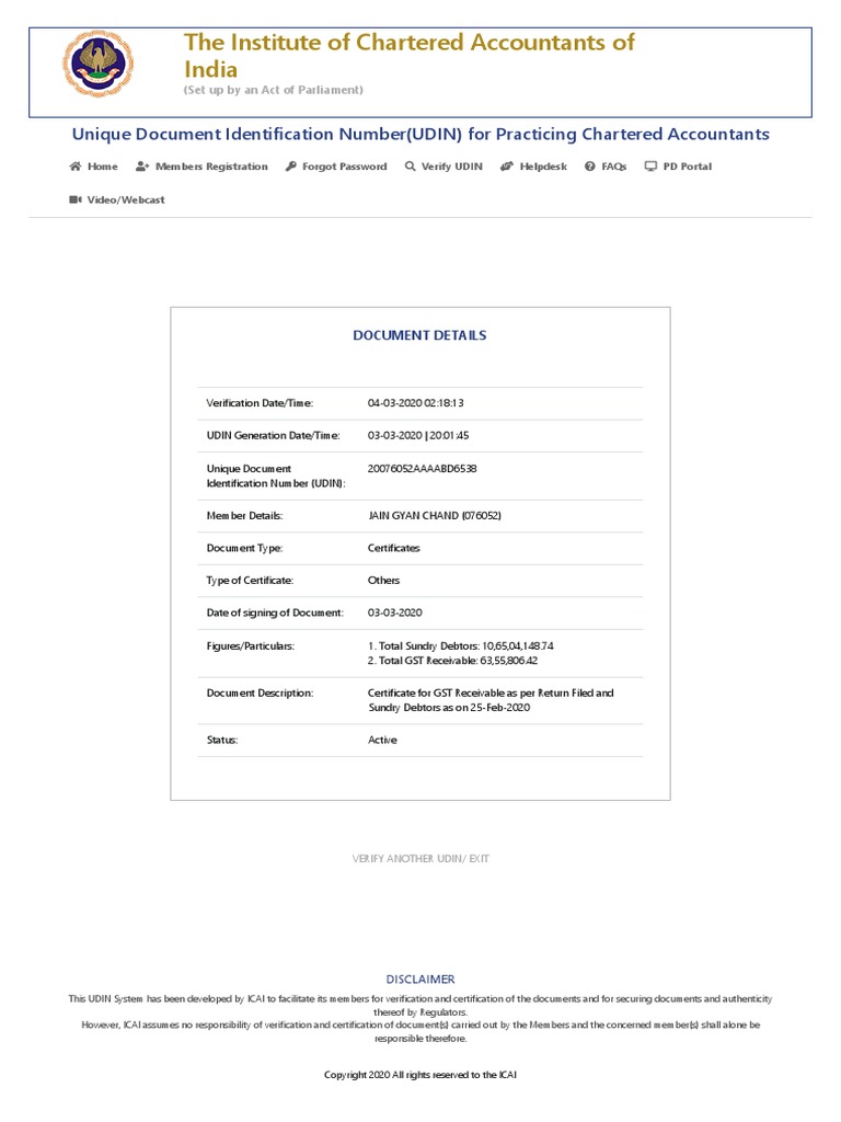 Certificate Details and Verification for a Chartered Accountant's
