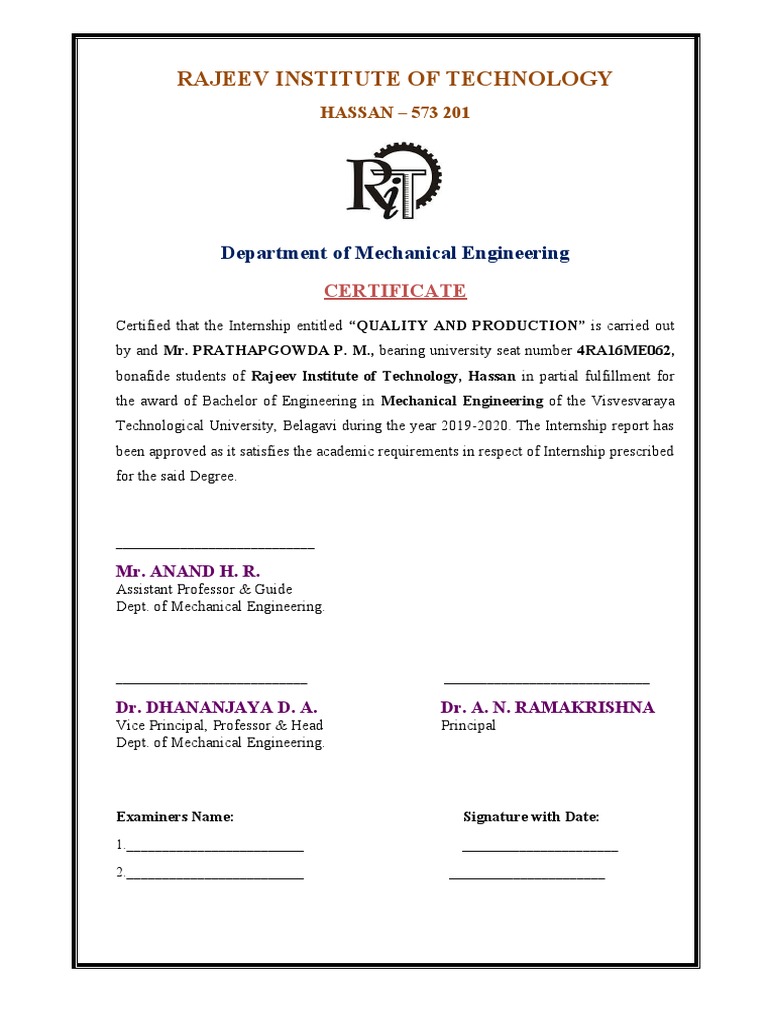 Mechanical Engineering Internship Certificate | PDF