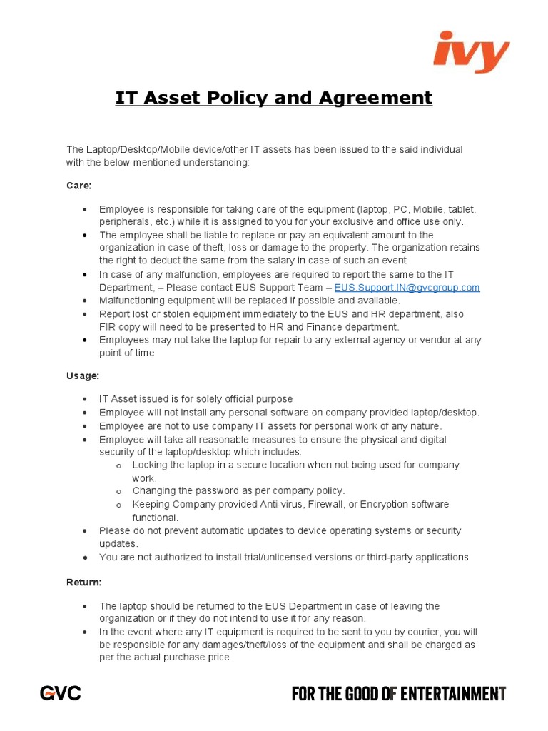 IT Asset Policy and Agreement: Care | PDF | Laptop | Desktop Computer