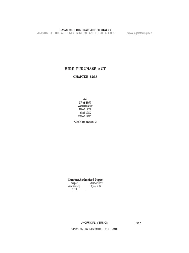 Hire Purchase Act Laws of Trinidad and Tobago PDF Guarantee Contract Law