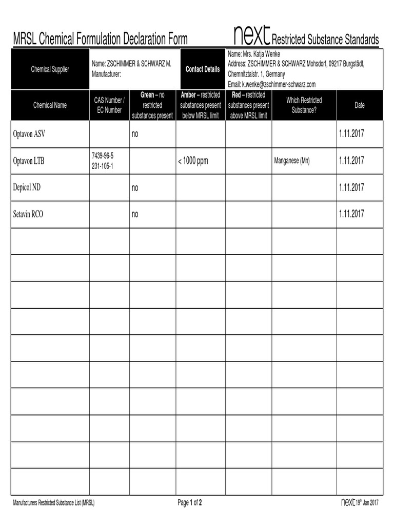 MRSL Chemical Formulation Declaration Form: Restricted Substance ...