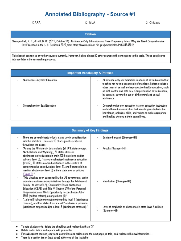 Annotated Bibliography - Source #1: Citation | PDF | Sex Education ...