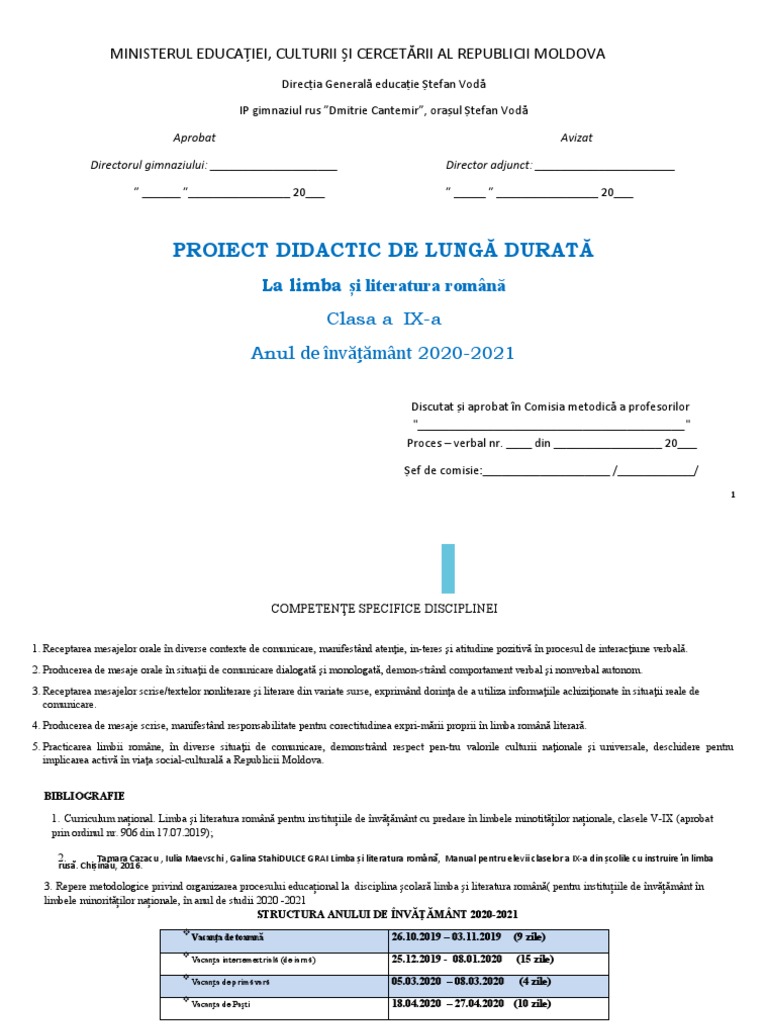Proiect Didactic de Lunga Durata Limba Romana cl.9 | PDF