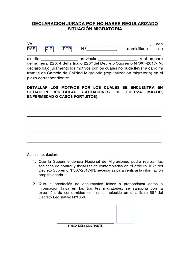 Declaración Jurada Por No Haber Regularizado Situación Migratoria | PDF