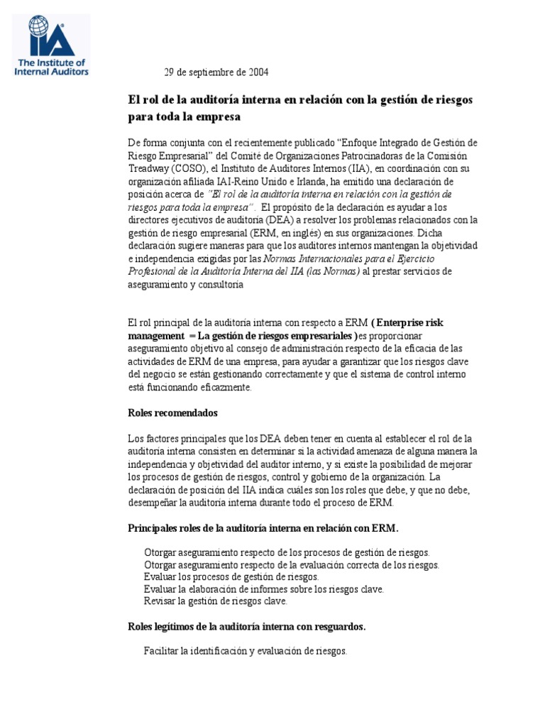 El Rol de La Auditoría Interna en Relación Con La Gestión de Riesgos ...