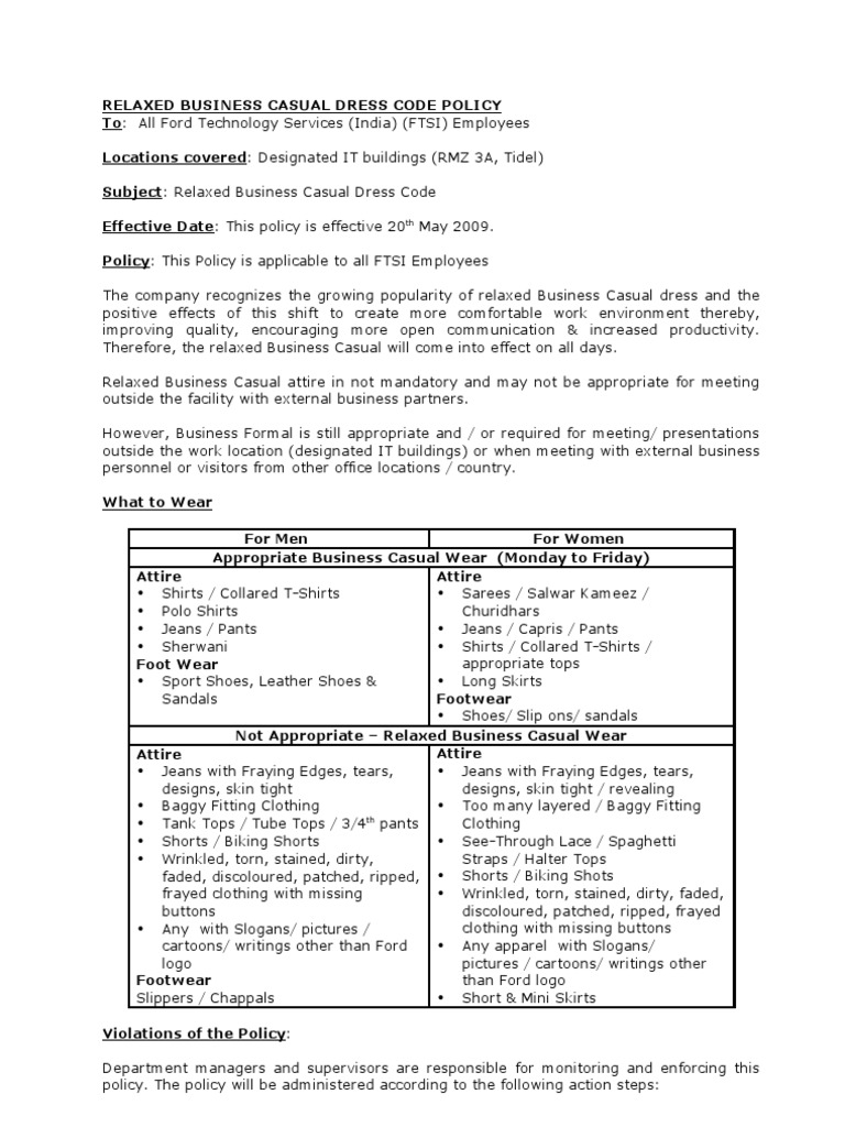 Relaxed Business Dress Code Policy PDF Clothing Trousers
