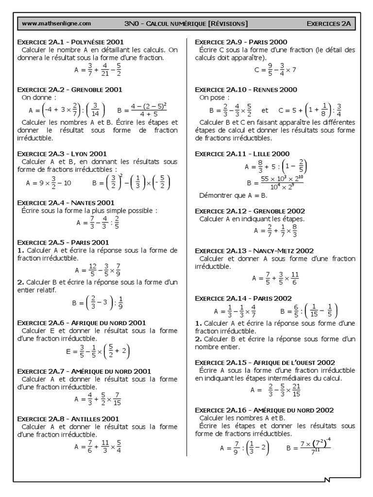 Exercices Corrigés Fractions 3ème Pdf 3n0 Ex2a | PDF | Fraction (Mathématiques) | Mathématiques élémentaires
