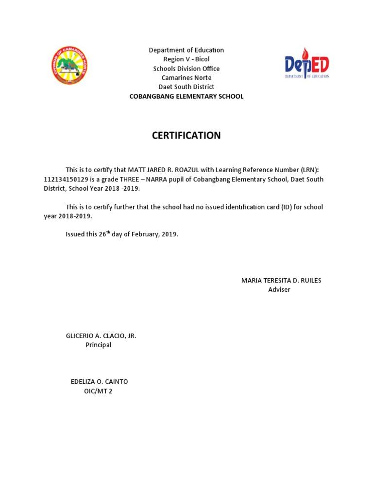 Cobangbang Elementary Certification 2019 | PDF