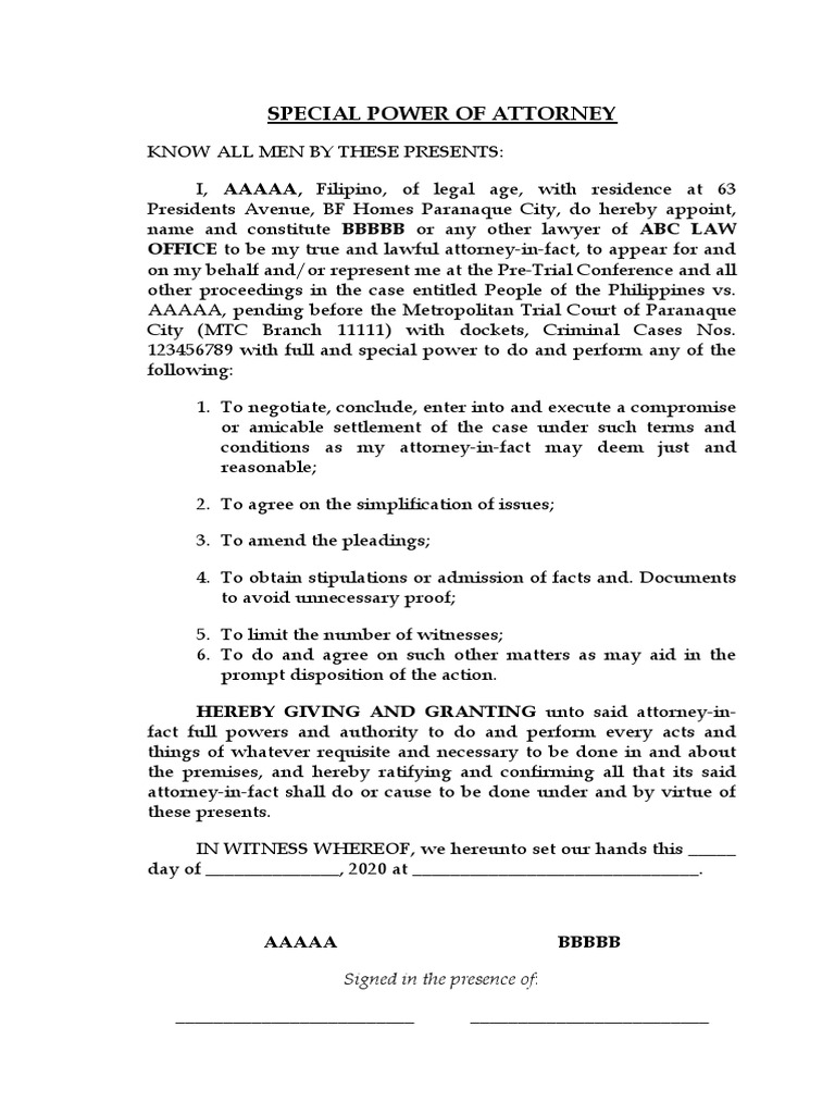 Special Power of Attorney: OFFICE To Be My True and Lawful Attorney-In ...