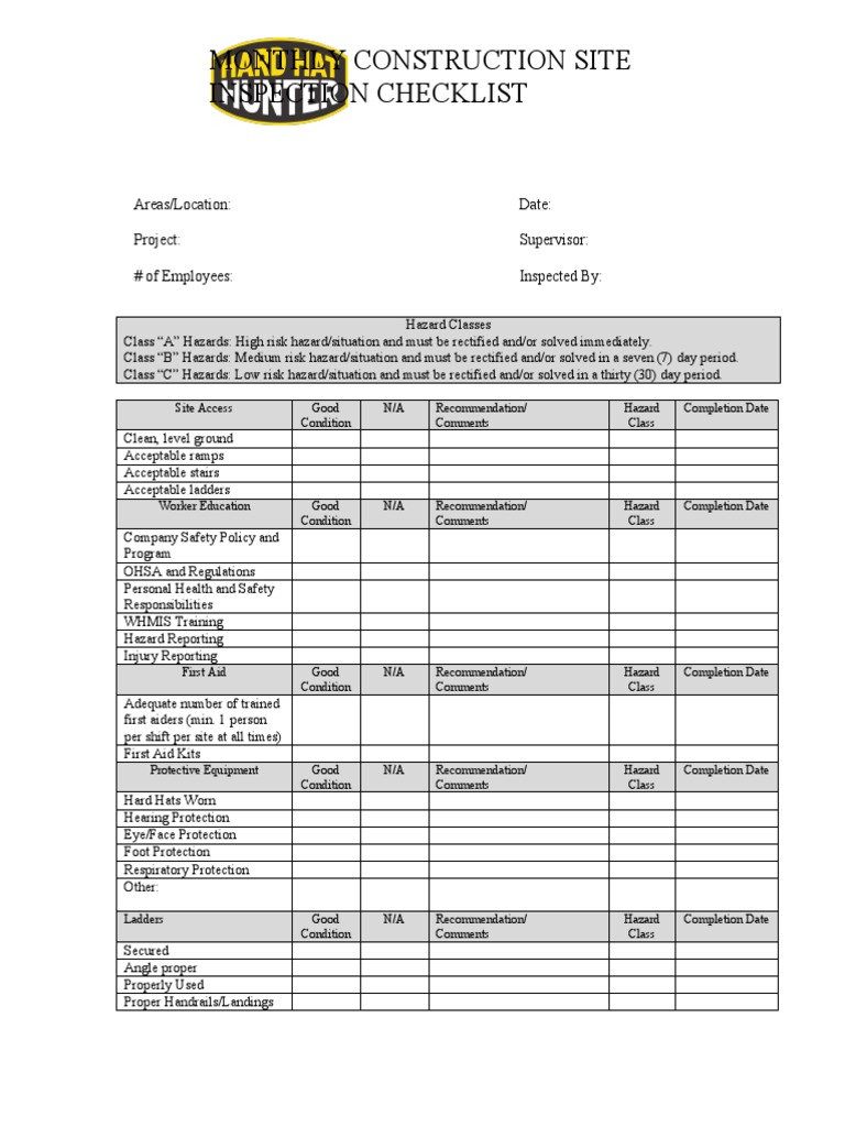 Monthly Construction Site Inspection Checklist PDF First Aid