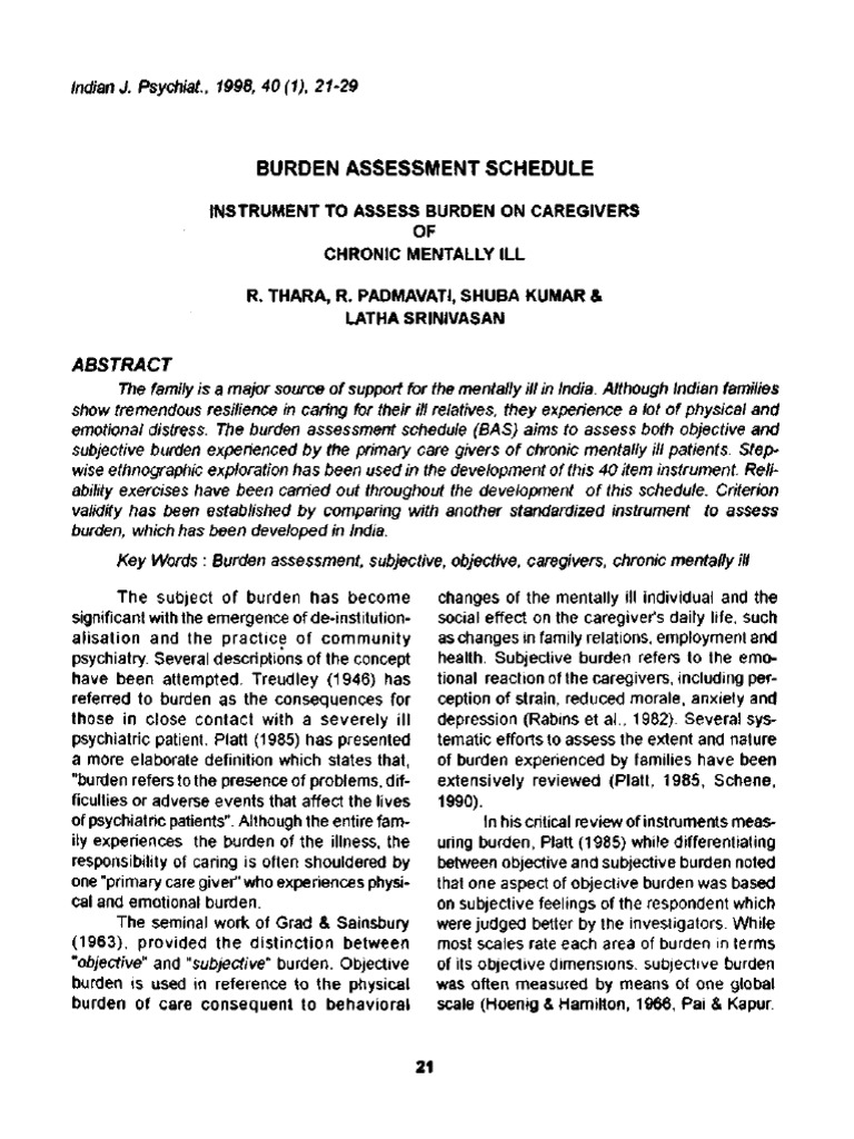 Burden Assessment Schedule for Caregivers | PDF | Caregiver | Psychiatry