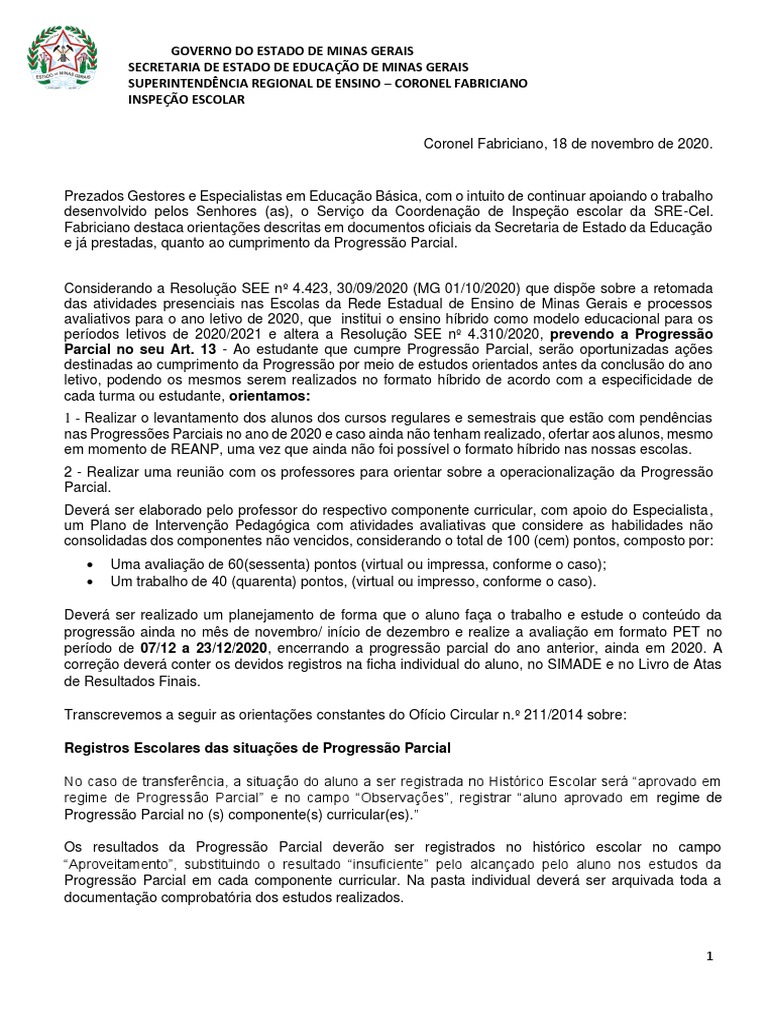 Orientações sobre Progressão Parcial em MG | PDF | Pedagogia | Escolas