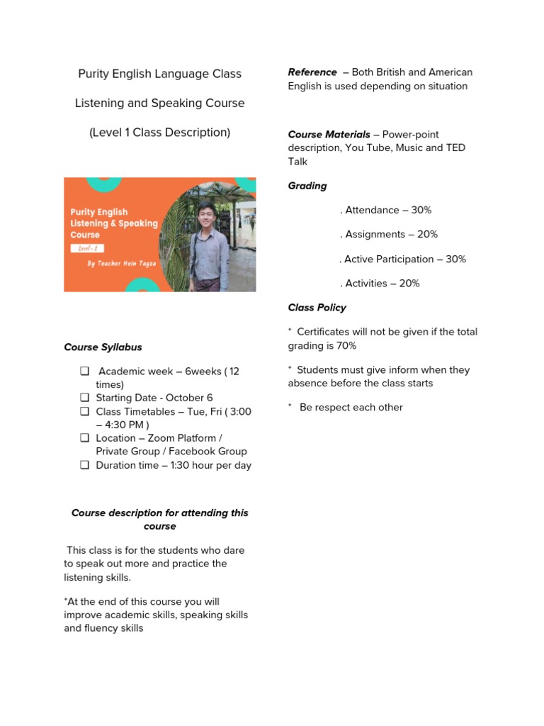 Purity English Language Class Listening and Speaking Course (Level 1 ...