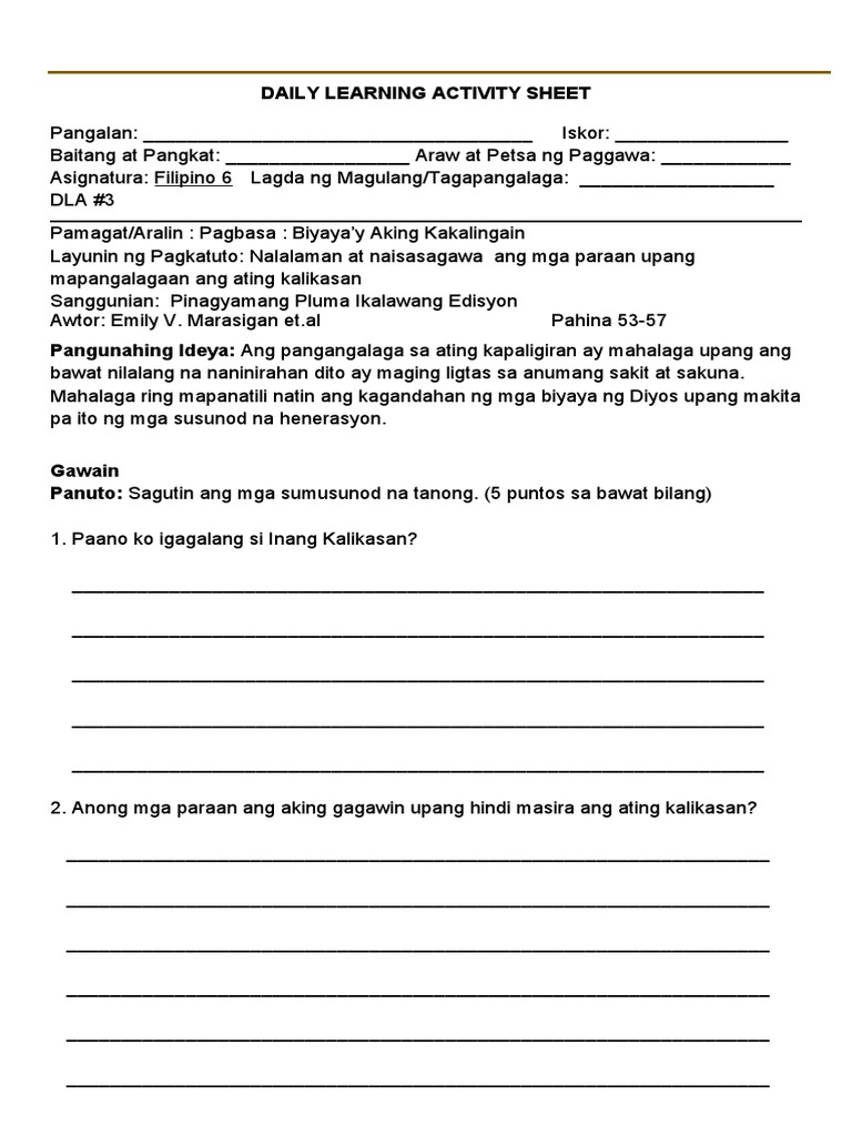 Daily Learning Activity Sheet | PDF