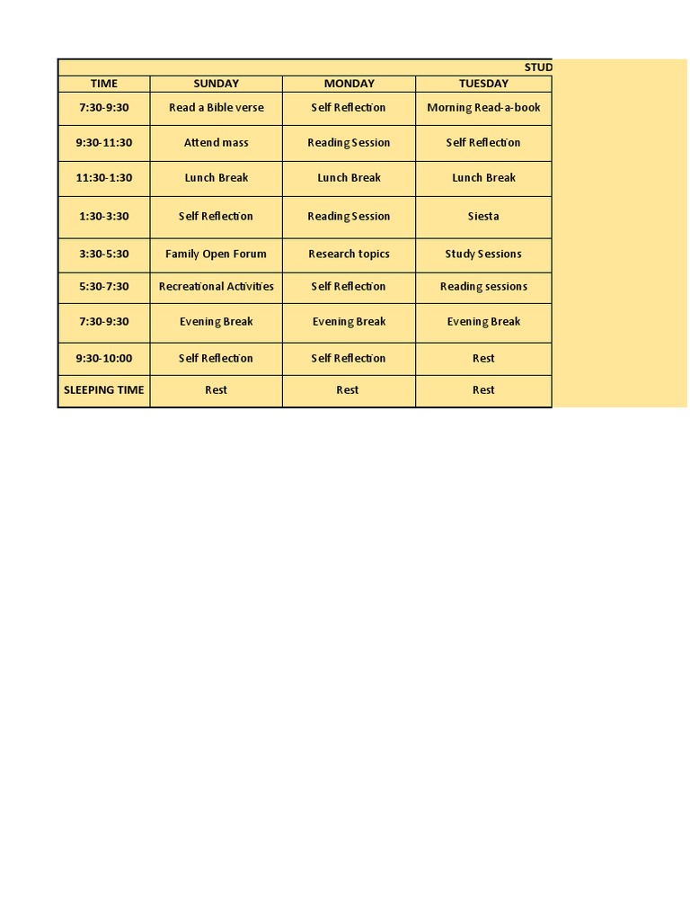 Study Plan Calendar Time Sunday Monday Tuesday 7:30-9:30 | PDF