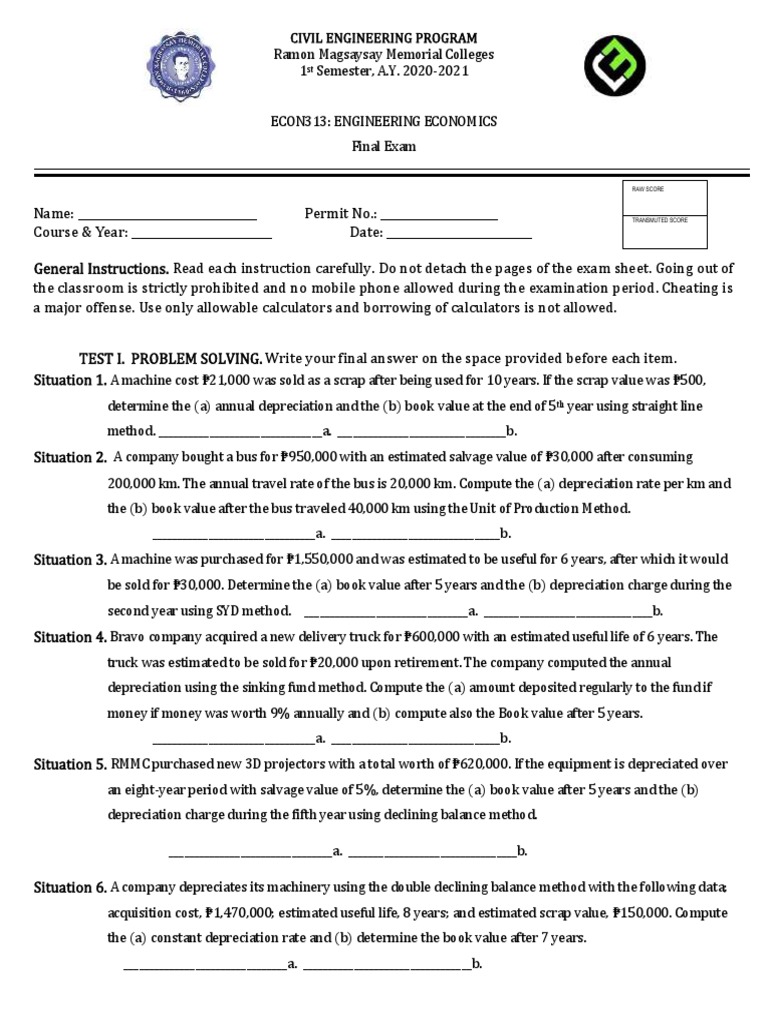 Econ313 Engineering Economics Final Exam Pdf Book Value Depreciation