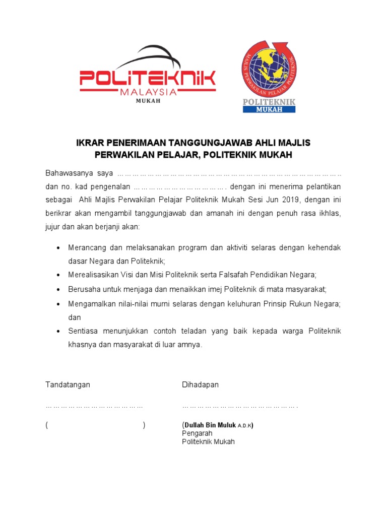 Ikrar Penerimaan Tanggungjawab Ahli Majlis Perwakilan Pelajar Pdf